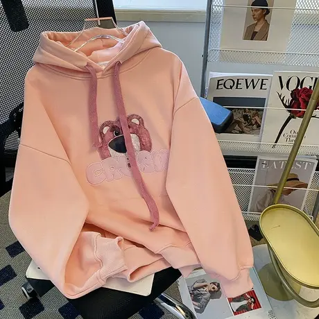 oversize设计感小熊连帽卫衣女ins潮牌秋冬加绒加厚宽松大码外套商品大图