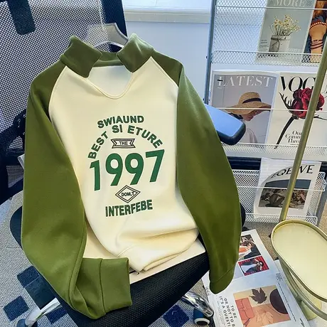 古着polo领卫衣女春秋季薄款宽松慵懒风美式复古设计感插肩袖上衣图片