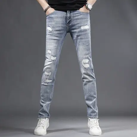 潮牌破洞牛仔裤男补丁潮流2023新款春夏季修身弹力男士牛仔裤小脚图片