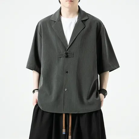 中国风冰丝五分袖衬衫男装新中式唐装男款古巴领短袖衬衣西装外套图片