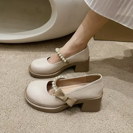 玛丽珍鞋2023年春秋季新款网红白色高跟鞋女法式浅口小皮鞋单鞋女图片