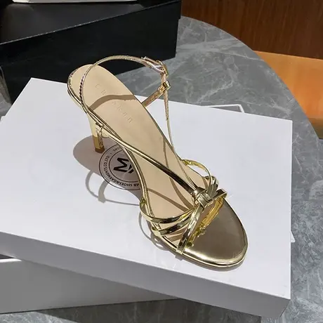 凉鞋女2023年新款金色高跟凉鞋露趾一字带扣细跟配裙高跟鞋仙女风图片