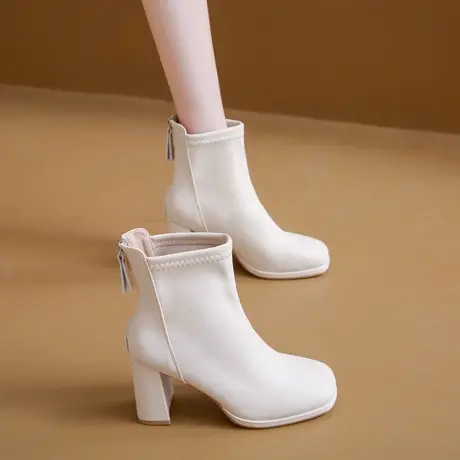 白色靴子女2023新款洋气韩系高级感小短靴高跟超火短靴法式小踝靴商品大图