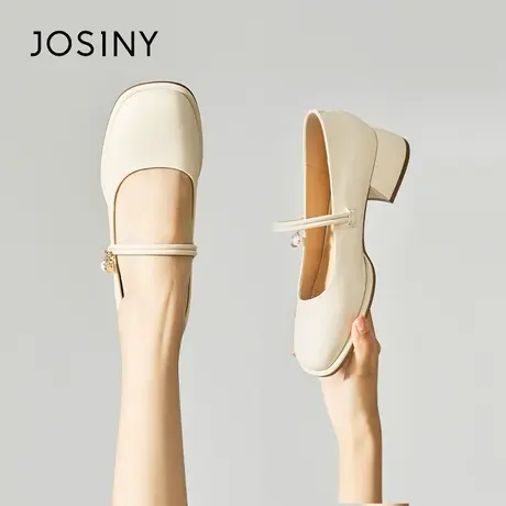 Josiny/卓诗尼粗跟珍珠玛丽珍鞋女夏季浅口小皮鞋2023年新款单鞋商品大图
