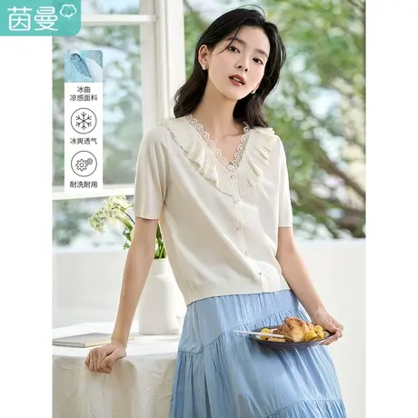 茵曼2023夏季女装新款法式气质花边拼接荷叶边V领宽松短袖针织衫商品大图