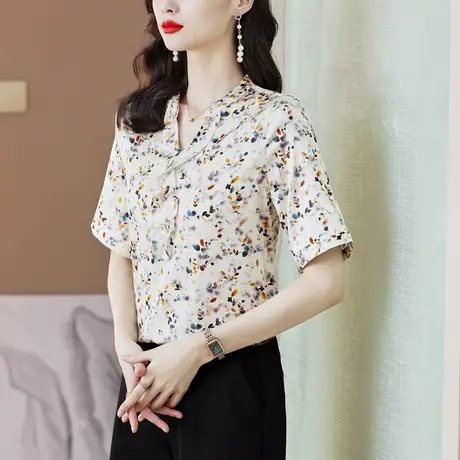 2023夏季新款碎花短袖衬衫桑蚕丝短袖时尚减龄别致洋气雪纺女上衣商品大图