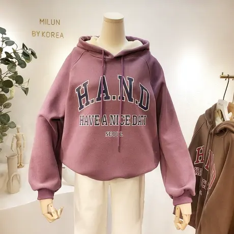运动休闲上衣女秋冬新款韩国东大门字母连帽保暖加绒加厚卫衣大码商品大图
