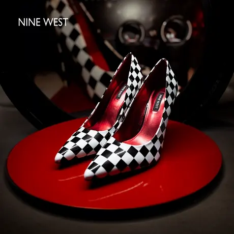 Nine West/玖熙时装周同款高跟鞋2025夏季新款黑白格细跟尖头女鞋商品大图