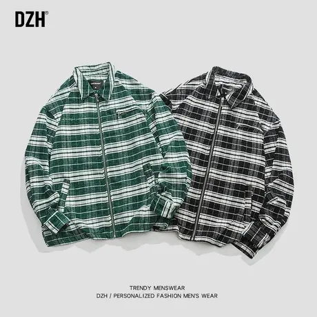 青少年潮牌外套男秋季男装2023新款潮牌翻领格子美式夹克工装上衣商品大图