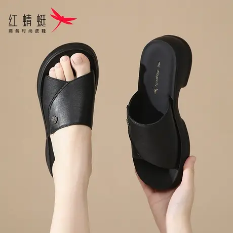红蜻蜓厚底一字拖女士拖鞋女夏外穿新款夏天凉鞋防滑防臭真皮凉拖图片