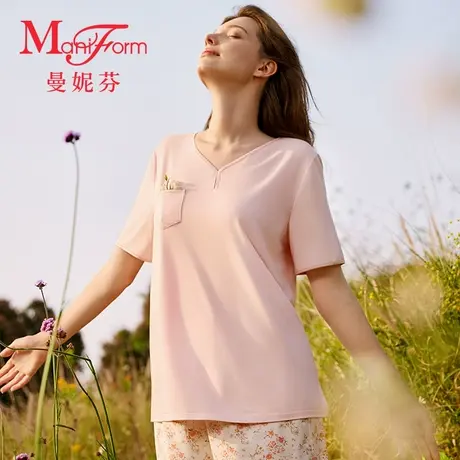 曼妮芬2025夏可外穿女家居服V领短袖短裤套装舒适起居服20312064商品大图