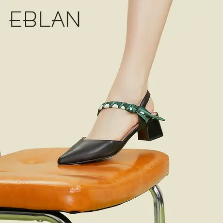 伊伴女鞋春夏新品尖头粗跟后空通勤低跟鞋凉鞋约会百搭时装单鞋女图片