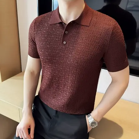 休闲松弛感冰丝针织衫男短袖夏季薄款Polo衫翻领立体肌理半袖T恤图片