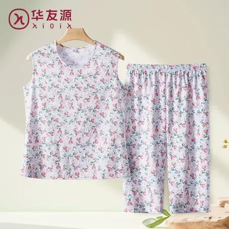 中老年纯全棉背心女妈妈宽松薄无袖加肥大码夏家居服七分睡裤套装商品大图