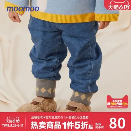 moomoo童装女小童夹里牛仔裤秋冬新款宝宝亲肤舒适萝卜水洗牛仔裤商品大图