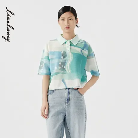 LANCY/朗姿2024夏季晕染感polo领针织衫休闲翻领t恤设计感短袖女图片