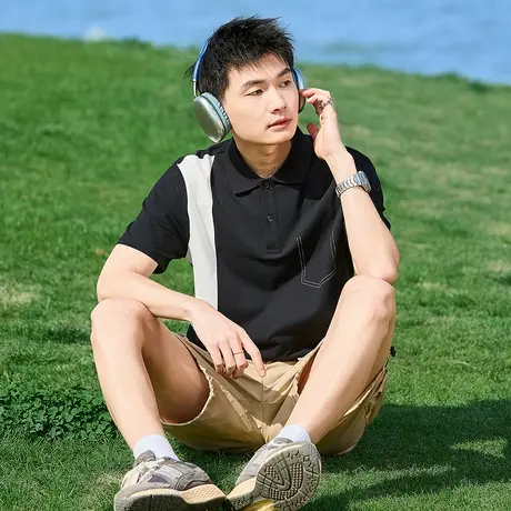 唐狮夏季新款男Polo衫短袖拼接撞色翻领上衣简约宽松运动T恤图片