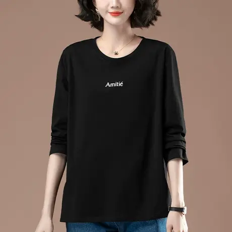 长袖t恤女春秋季加肥加大码女装宽松中年妈妈简约纯棉显瘦打底衫图片