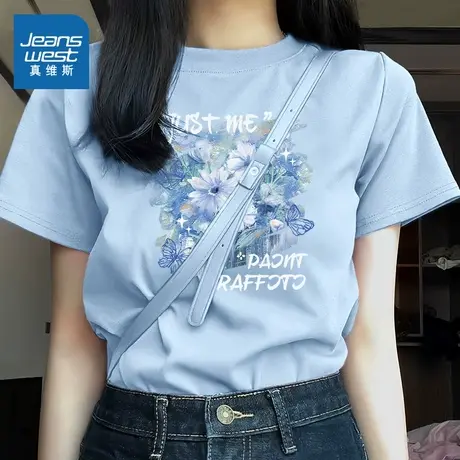 KWV真维斯纯棉短袖T恤女2025夏季新款黑色显瘦时尚洋气小个子上衣商品大图