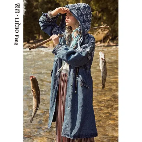 裂帛LIEBOFeng原创设计2023年复古连帽拼接长款牛仔棉服女图片