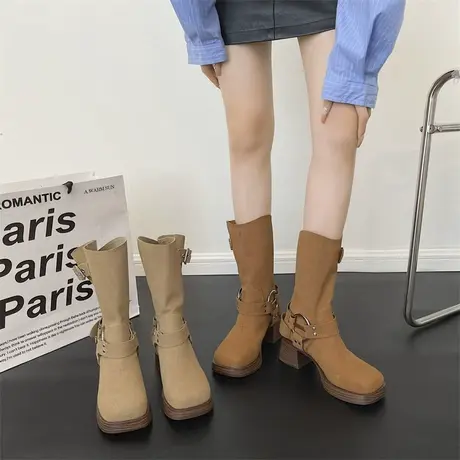 粗跟西部牛仔靴女2023年新款春秋季小众设计感中筒复古高跟马丁靴商品大图