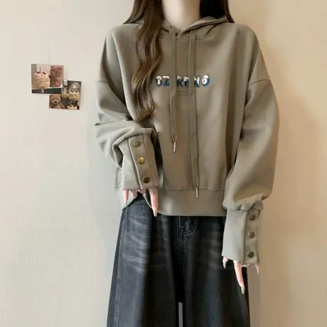 设计感纽扣袖口连帽套头短款卫衣女春秋季宽松薄款短款上衣外套潮商品大图