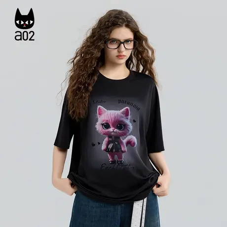 a02黑猫系列宽松黑色短袖T恤女2025新款秋季早秋上衣设计感打底衫商品大图