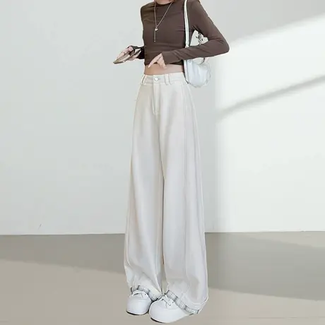 格子翻边阔腿牛仔裤女2025春秋季新款高腰宽松显瘦直筒垂感拖地裤商品大图