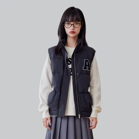 A21女装梭织宽松立领开胸厚羽绒背心外套无袖保暖羽绒服外套图片
