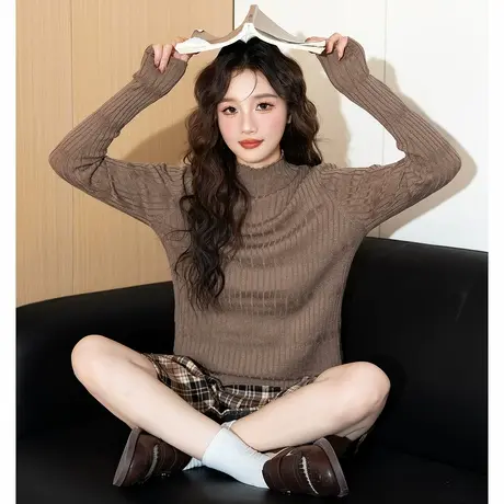 唐狮半高领内搭打底衫女2025新款早秋美拉德风棕色修身薄款针织衫商品大图