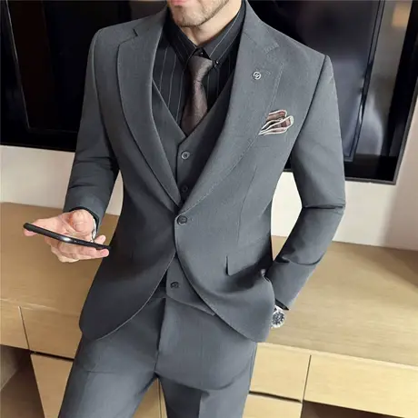 工艺免烫抗皱色织高档西服男商务休闲职业套装新郎结婚礼服三件套商品大图