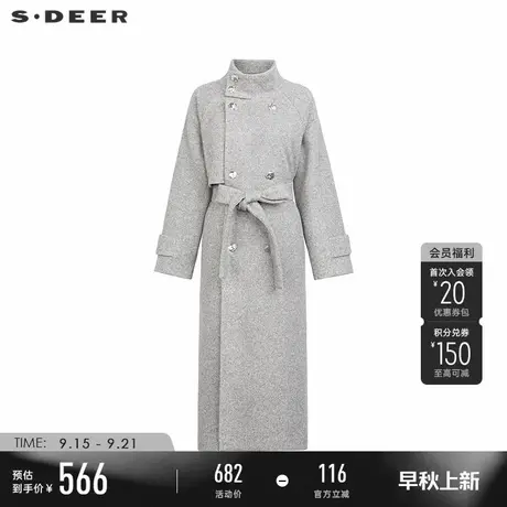 sdeer圣迪奥冬季女装立领双排扣收腰毛呢长款大衣S244Z2509商品大图