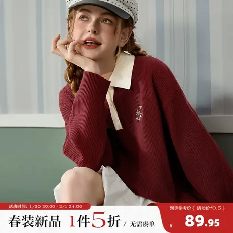 唐狮2026春季新款毛衣女士酒红色女polo领毛线衫马年新年穿搭商品大图