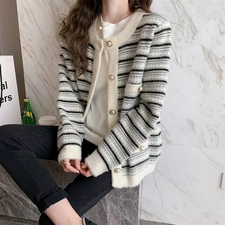 唐狮仿水貂绒小香风开衫外套女毛衣新款时尚百搭春秋季条纹TE商品大图