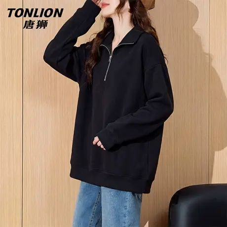 唐狮官方翻领卫衣女2026新款春季美式学院风宽松半开领外套上衣VC图片