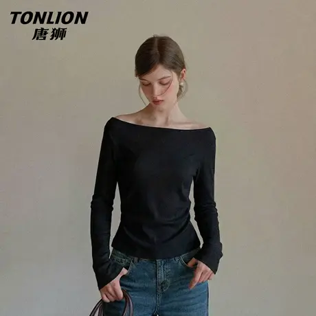 唐狮官方一字肩长袖t恤女2026新款春秋款女士修身显瘦内搭上衣VB图片