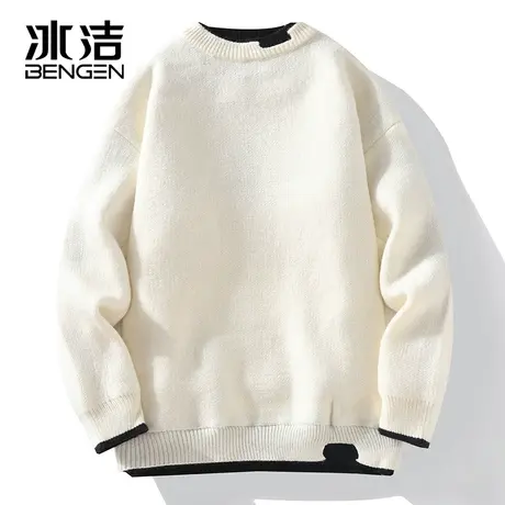 冰洁2023秋冬季潮流圆领毛衣男纯色加绒帅气假两件打底针织衫ZC商品大图