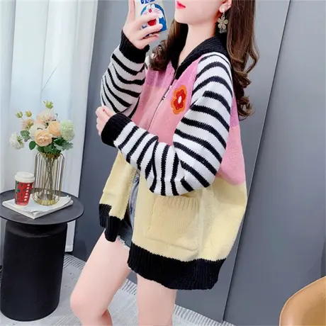 设计感刺绣花朵毛衣外套女秋季2023年新款宽松复古拉链针织开衫女商品大图