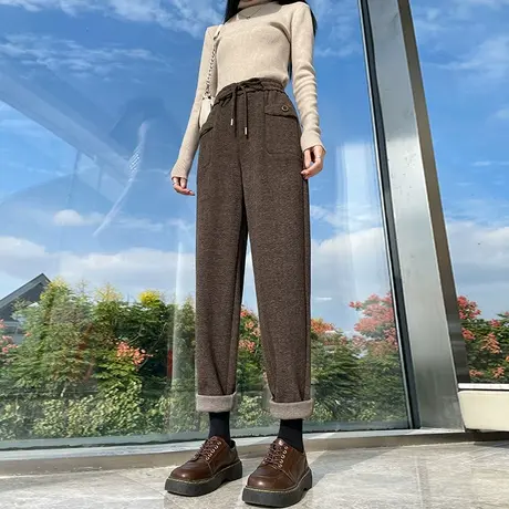 羊绒毛呢直筒裤女冬季加厚高腰显瘦直筒九分小个子百搭遮胯哈伦裤商品大图