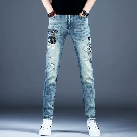 新款破洞烫钻花牛仔裤男款美式高街复古秋款潮流裤子男士小脚修身图片