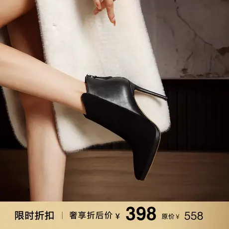 熙漫2023秋冬新款尖头细跟简约短靴职业通勤百搭黑色加绒高跟靴女图片