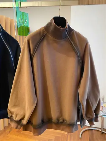 欧货别致斜拉链开衫设计感宽松休闲高领加绒卫衣女秋冬季2023新款商品大图