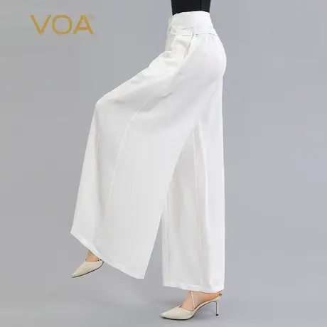 VOA31姆米顺纡重磅真丝白色两种面料拼接条纹线条感桑蚕丝阔腿裤图片