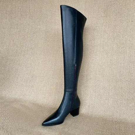 2024冬季新款里外真皮舒适过膝长靴女牛皮尖头粗跟中跟长筒靴女靴商品大图