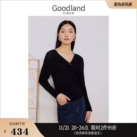 Goodland美地女装2023秋季知性V领立体扭结设计针织衫套头商品大图