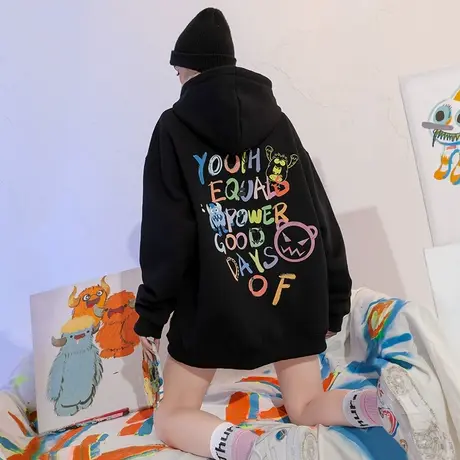 YEP涂鸦黑色卫衣女春秋设计感小众oversize连帽套头外套中性情侣商品大图