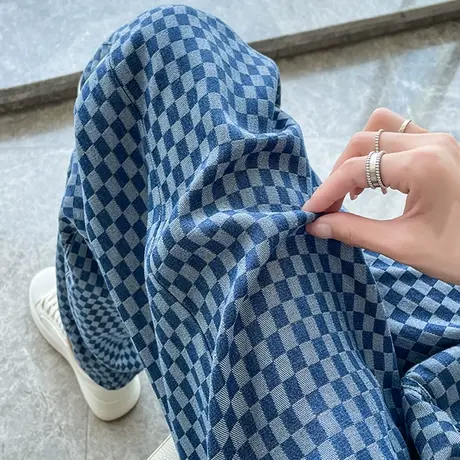 天丝棋盘格高腰阔腿牛仔裤女直筒宽松夏季小个子显瘦垂感拖地长裤商品大图