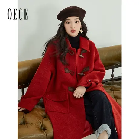 Oece复古红色毛呢外套冬季新款女装设计感气质中长款呢子大衣图片