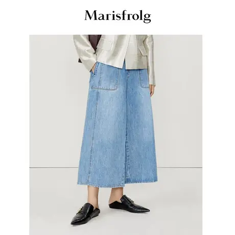 玛丝菲尔春季新款水洗蓝色高腰设计感九分阔腿宽松牛仔裤女夏图片