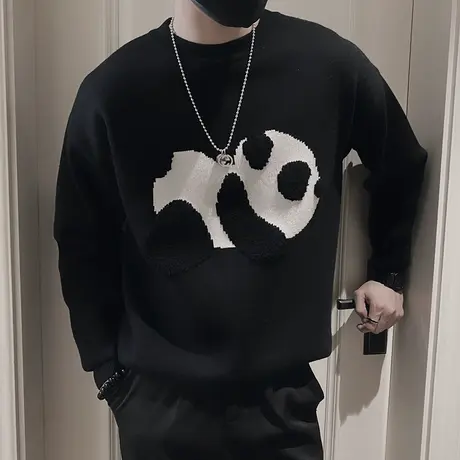 ins网红爆款国潮卡通熊猫提花毛衣男冬款宽松加厚潮牌针织打底衫商品大图